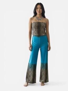 New Strapless Teal Wide-Leg Jumpsuit with Leopard Trim Size S